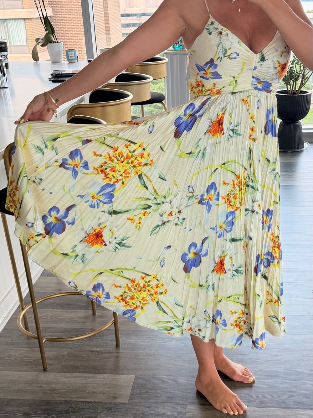 Astr Pleated Floral Midi Dress - Cream with Blue & Orange Flowers